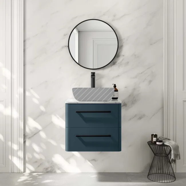 Omaha Navy Blue Wall Hung Drawer Vanity with Marble Top 600mm (Excludes Counter Top Basin) - Black Accents