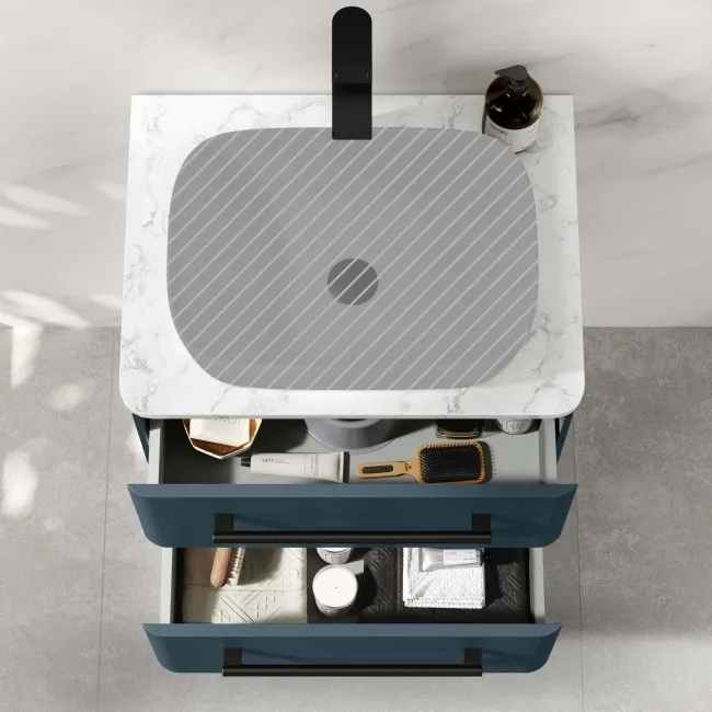 Omaha Navy Blue Wall Hung Drawer Vanity with Marble Top 600mm (Excludes Counter Top Basin) - Black Accents