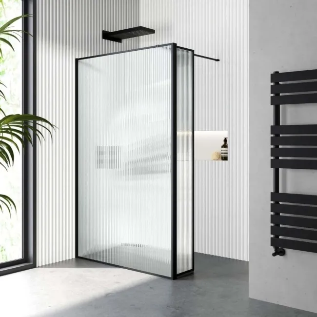 Munich Fluted Effect Matt Black Framed 8mm Wet Room Shower Glass 1200mm & 250mm Pivotal Return Panel