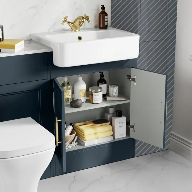 Monaco Inky Blue Combination Vanity Basin with Marble Top & Atlanta Toilet 1200mm - Brass Knurled Handles