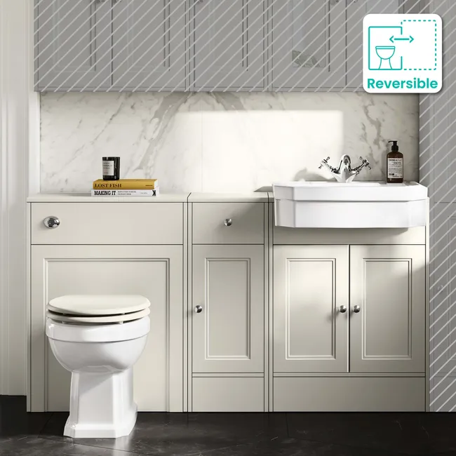 Monaco Chalk White Combination Vanity Traditional Basin and Hudson Toilet with Wooden Seat 1500mm