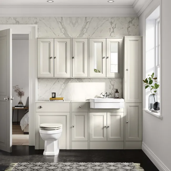 Monaco Chalk White Combination Vanity Traditional Basin and Hudson Toilet with Wooden Seat 1500mm