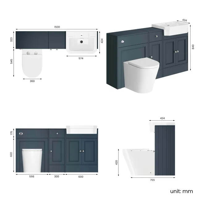 Monaco Inky Blue Combination Vanity Traditional Basin and Boston Toilet 1500mm