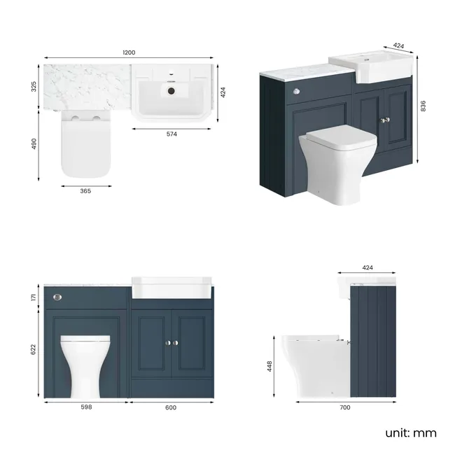 Monaco Inky Blue Combination Vanity Traditional Basin with Marble Top & Atlanta Toilet 1200mm