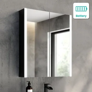 Selma Battery Operated Matt Black Illuminated LED Mirror Cabinet 700x600mm