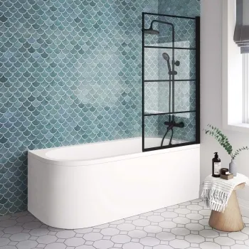 Oakham 1700 Space Saving Shower Bath & 6mm Easy Clean Matt Black Grid Bath Screen - Right Handed
