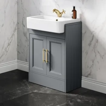 Monaco Dove Grey Basin Vanity 600mm - Brass Knurled Handles