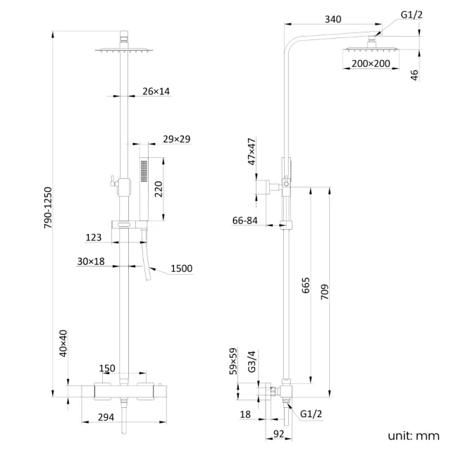 Brushed Brass Square Thermostatic Shower