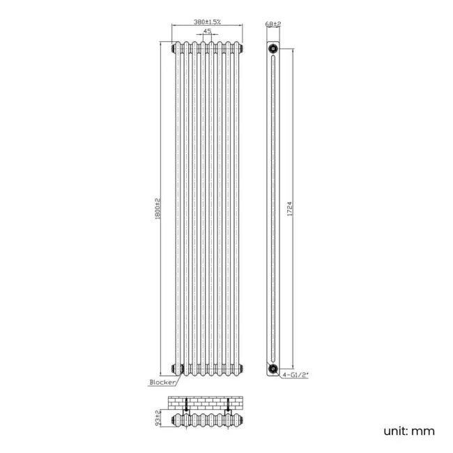 Athens Antique Gold Double Column Vertical Traditional Radiator 1800x380mm