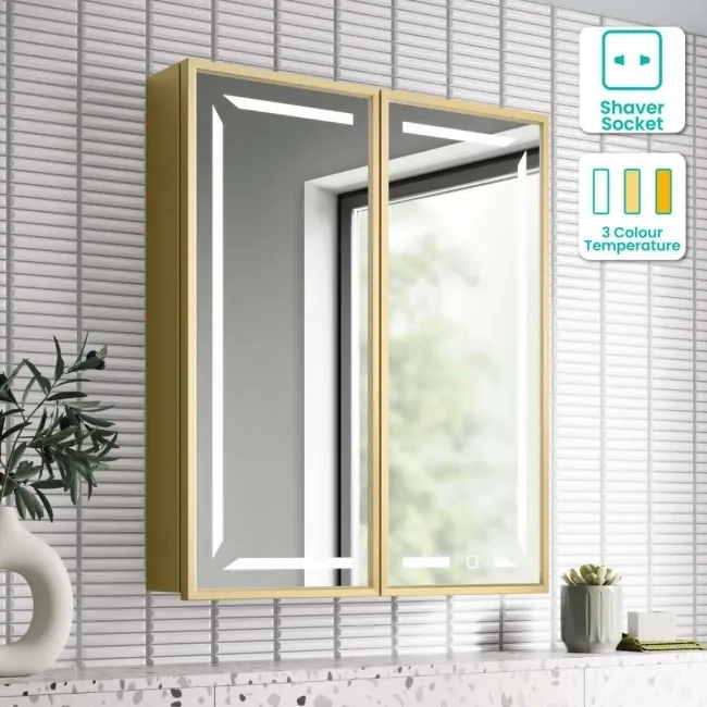 Mia Matt Brass Illuminated LED Mirror Cabinet 710x600mm