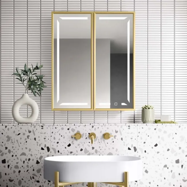 Mia Matt Brass Illuminated LED Mirror Cabinet 710x600mm