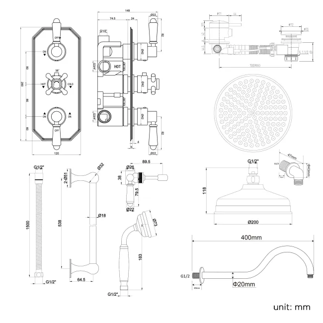 Shannon Premium Traditional Thermostatic Set - 200mm Head, Slider Shower & Bath Filler Waste