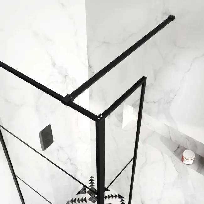 Munich Matt Black Grid 8mm Wet Room Shower Glass 700mm & 250mm Return Panel