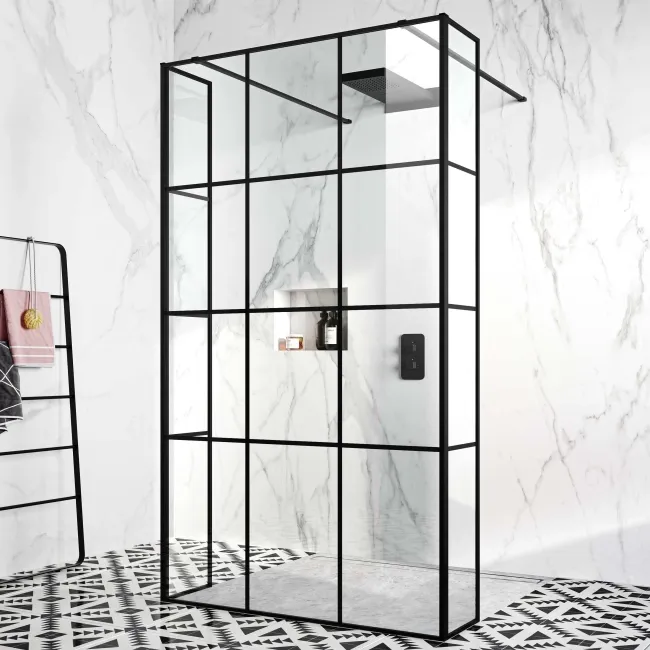 Munich Matt Black Grid 8mm Walk Through Wet Room Shower Glass Panel 1200mm & 250mm Return Panel