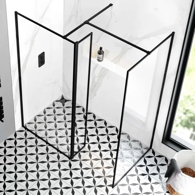 Munich Matt Black Framed 8mm Walk In Shower Enclosure 900mm & 900mm Glass with Pivotal Return Panel