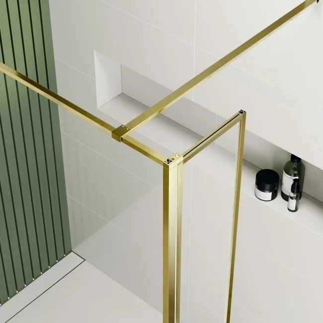 Munich Brushed Brass Framed 8mm Wet Room Shower Glass 1000mm & 250mm Pivotal Return Panel