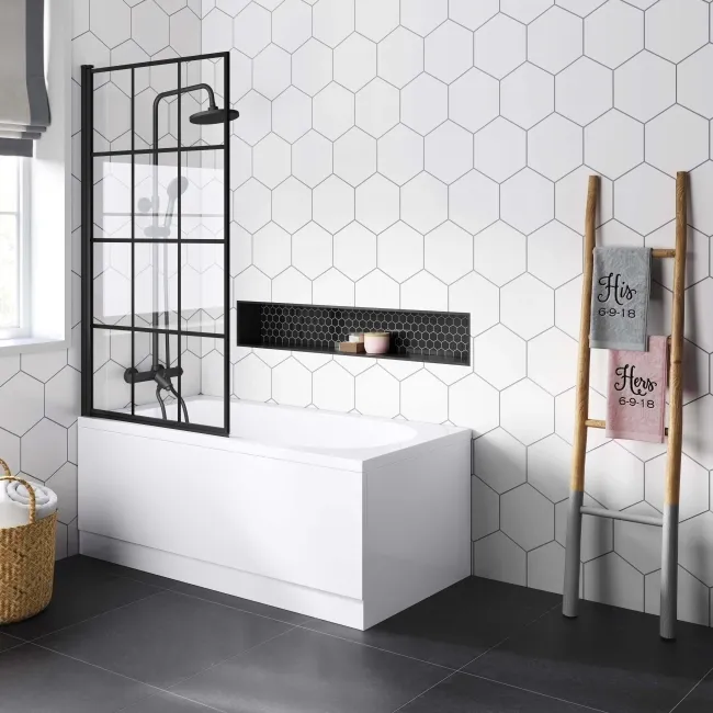 Stafford Round Shower Bath 1400x700 & 6mm Easy Clean Matt Black Grid Bath Screen