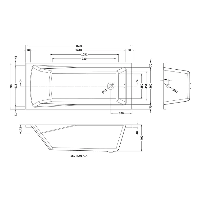Hereford 1600x700 Square Shower Bath & 6mm Easy Clean Brushed Brass Framed Bath Screen