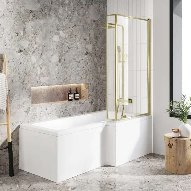 L Shaped 1700 Shower Bath & 6mm Easy Clean Brushed Brass Bath Screen - Right Handed