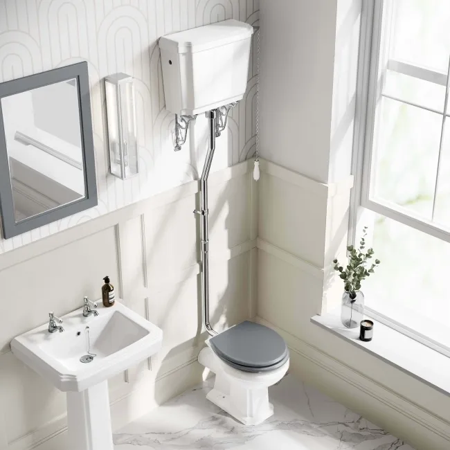 Hudson Traditional High-Level Toilet With Dove Grey Seat & Pedestal Basin - Double Tap Hole