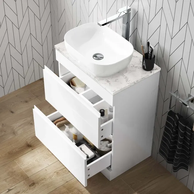 Trent Gloss White Vanity Drawer with Marble Top & Curved Counter Top Basin 600mm