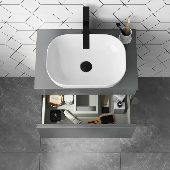 Trent Stone Grey Wall Hung Drawer Vanity with Curved Counter Top Basin 600mm