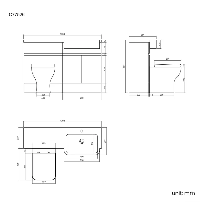 Foster Stone Grey Combination Vanity Basin and Atlanta Toilet 1200mm - Right Handed