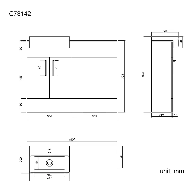 Harper Stone Grey Basin Vanity with Marble Top & Back To Wall Unit 1000mm - Black Accents