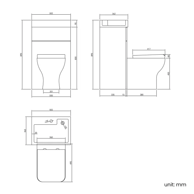 Ohio Gloss White 2-In-1 Combined Wash Basin & Atlanta Toilet 500mm