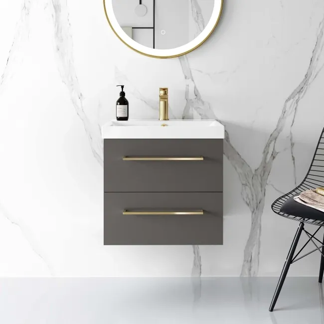 Elba Graphite Grey Wall Hung Basin Drawer Vanity 500mm - Brushed Brass Accents
