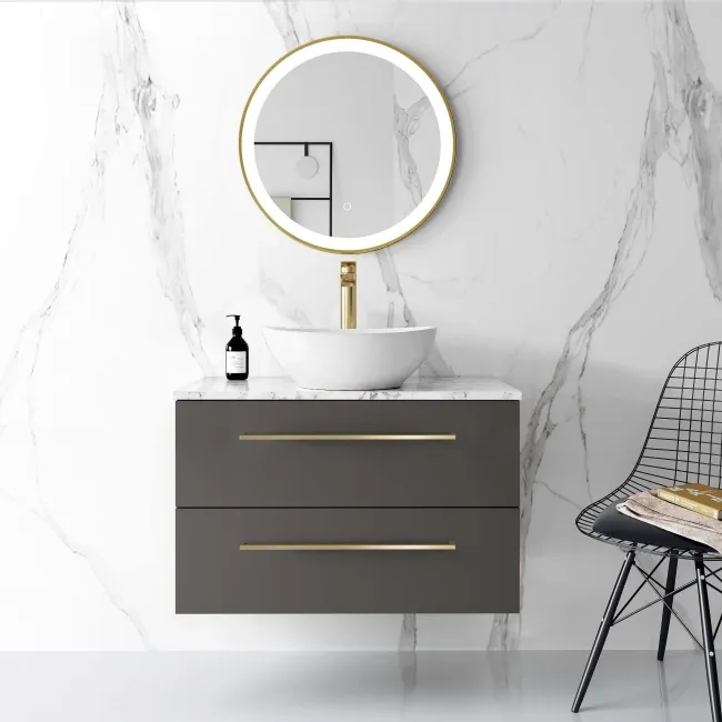 Elba Graphite Grey Wall Hung Drawer Vanity with Marble Top & Oval Counter Top Basin 800mm - Brushed Brass Accents