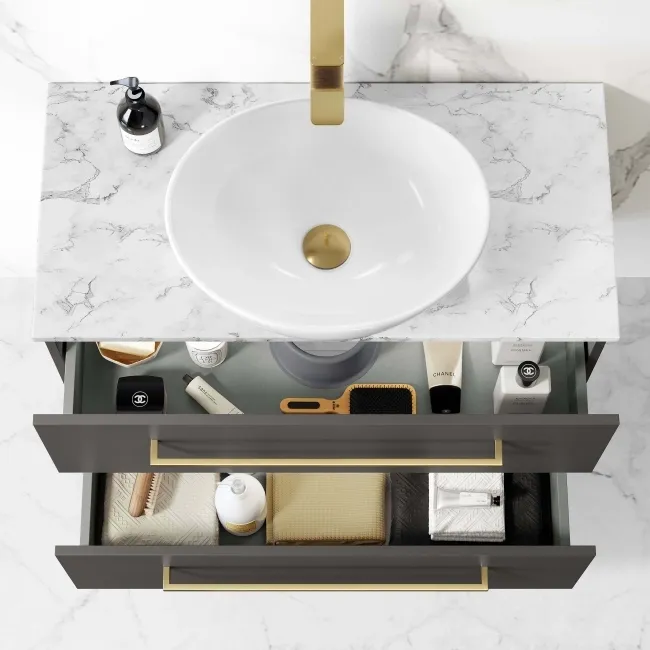 Elba Graphite Grey Wall Hung Drawer Vanity with Marble Top & Oval Counter Top Basin 800mm - Brushed Brass Accents