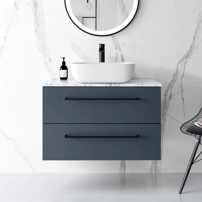 Elba Inky Blue Wall Hung Drawer Vanity with Marble Top & Curved Counter Top Basin 800mm - Black Accents