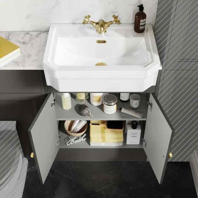 Monaco Graphite Grey Combination Vanity Traditional Basin with Marble Top 1200mm (Excludes Pan & Cistern) - Brushed Brass Accents