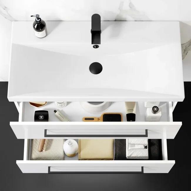 Elba Gloss White Wall Hung Basin Drawer Vanity 800mm - Black Accents