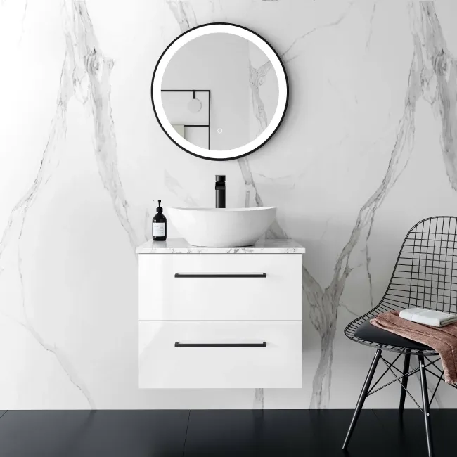 Elba Gloss White Wall Hung Drawer Vanity with Marble Top & Oval Counter Top Basin 600mm - Black Accents