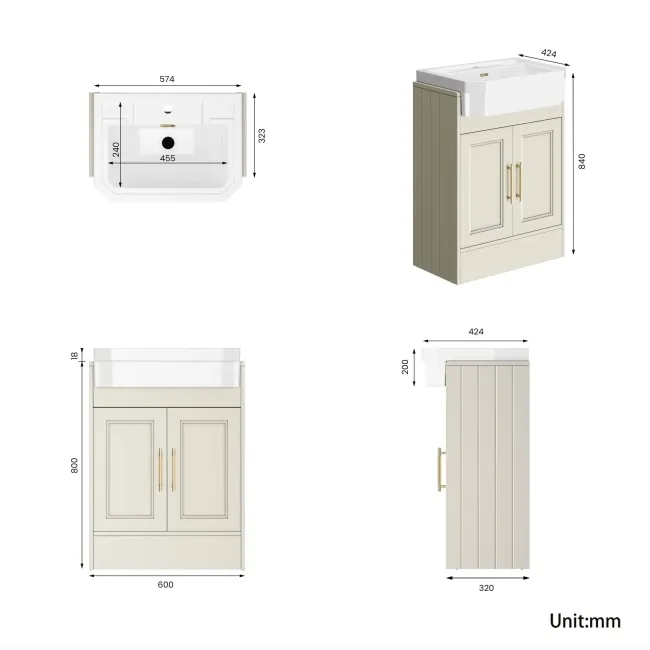 Monaco Chalk White Traditional Basin Vanity 600mm - Brass Knurled Handles