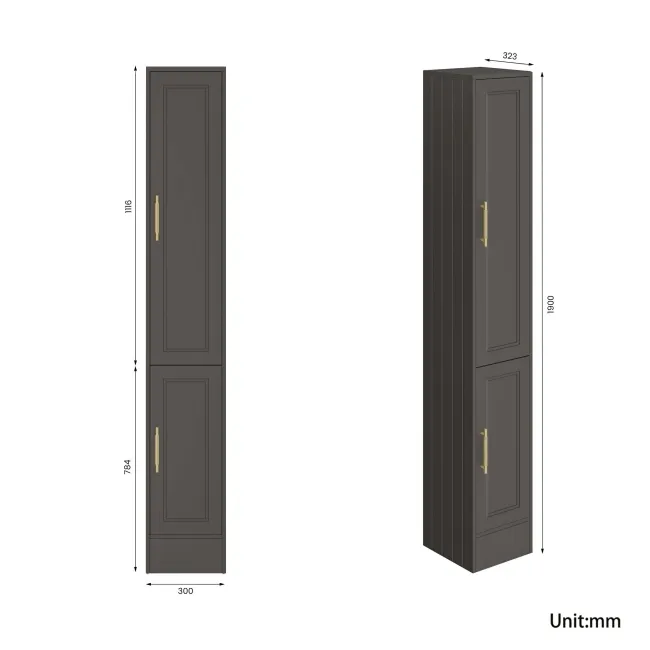 Monaco Graphite Grey Floor Standing Tall Cabinet Unit 1900x300mm - Brass Knurled Handles