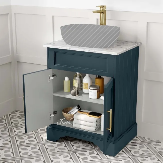 Lucia Inky Blue Cabinet with Marble Top 640mm (Excludes Counter Top Basin) - Brass Knurled Handles