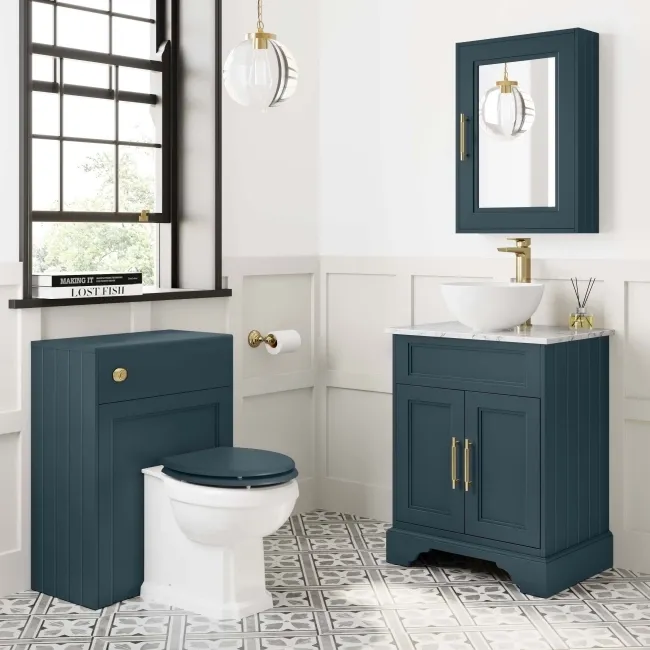 Lucia Inky Blue Vanity with Marble Top & Round Counter Top Basin 640mm - Brass Knurled Handles