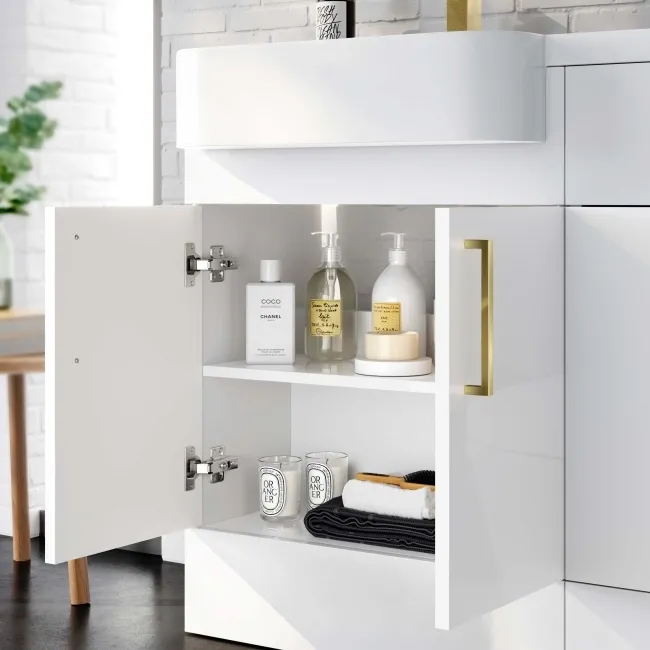 Harper Gloss White Basin Vanity and Back To Wall Toilet Unit 1200mm (Excludes Toilet) - Brushed Brass Accents - Left Handed