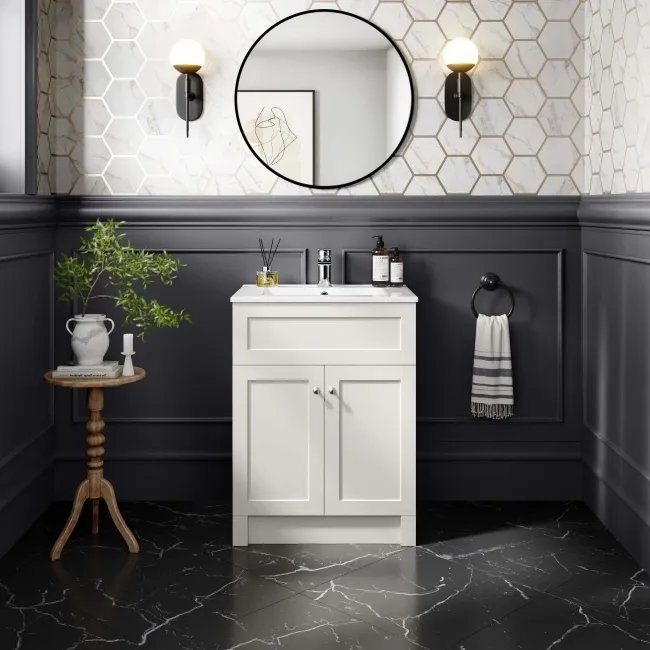 Milos Cotton White Basin Vanity 600mm - Brushed Handles