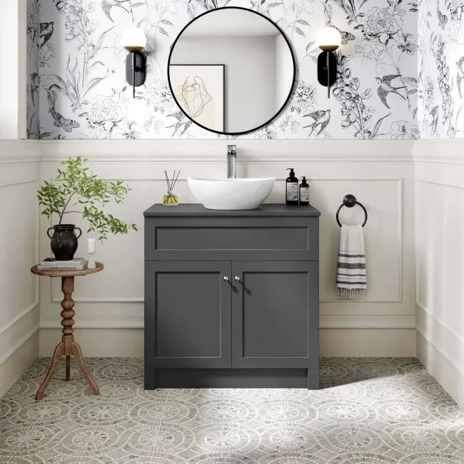 Milos Slate Grey Vanity with Oval Basin 800mm - Brushed Handles