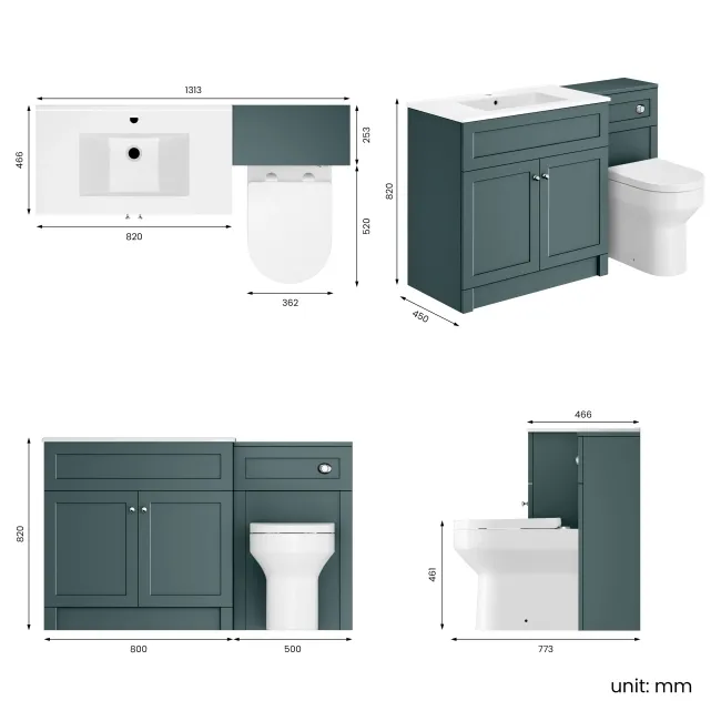Milos Mystic Green Combination Vanity Basin and Denver Toilet 1300mm - Chrome Handles