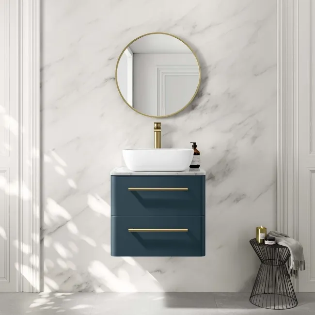 Omaha Navy Blue Wall Hung Drawer Vanity with Marble Top & Curved Counter Top Basin 600mm - Brushed Brass Accents