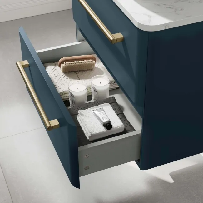 Omaha Navy Blue Wall Hung Drawer Vanity with Marble Top & Curved Counter Top Basin 600mm - Brushed Brass Accents