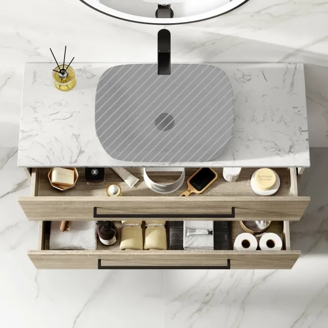 Elba Dawn Oak Wall Hung Drawer Vanity 1000mm Excludes Counter Top Basin - Black Accents