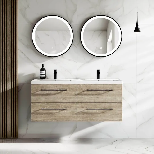 Elba Dawn Oak Wall Hung Double Basin Drawer Vanity 1200mm - Black Accents