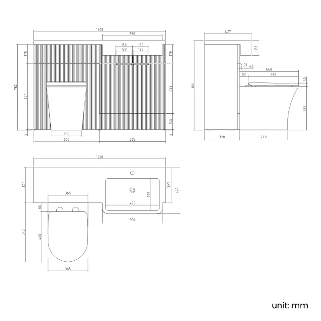 Sicily Fluted Coastal White Combination Vanity Basin and Tucson Toilet 1200mm - Black Accents - Right Handed