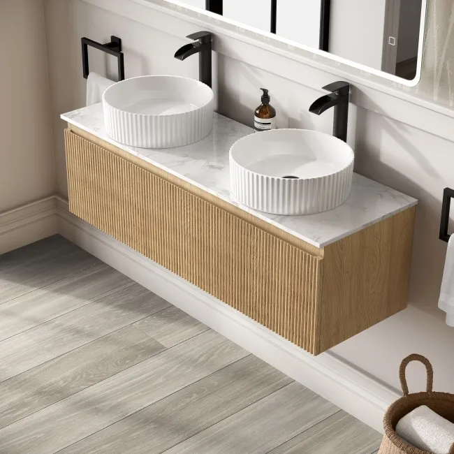 Malta Fluted Country Oak Double Wall Hung Drawer Vanity with Marble Top & Nevis Basin 1200mm